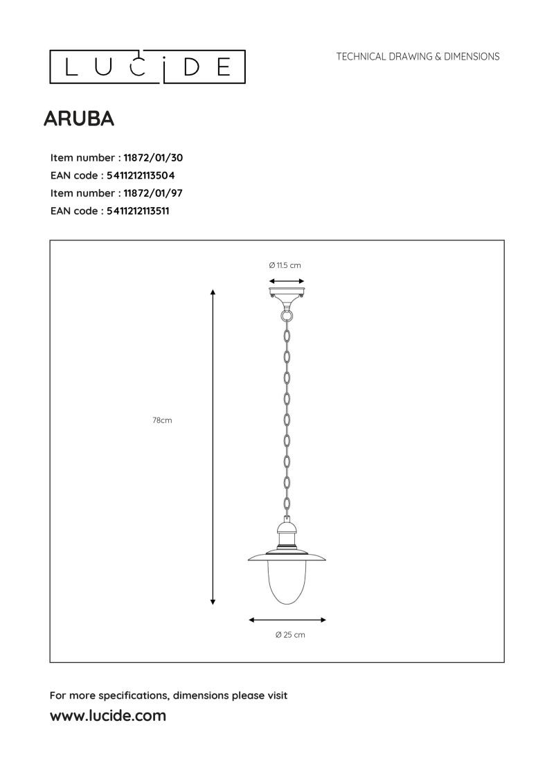 ARUBA - Závesná lampa - IP44 1xE27 H80 D25 - Čierna